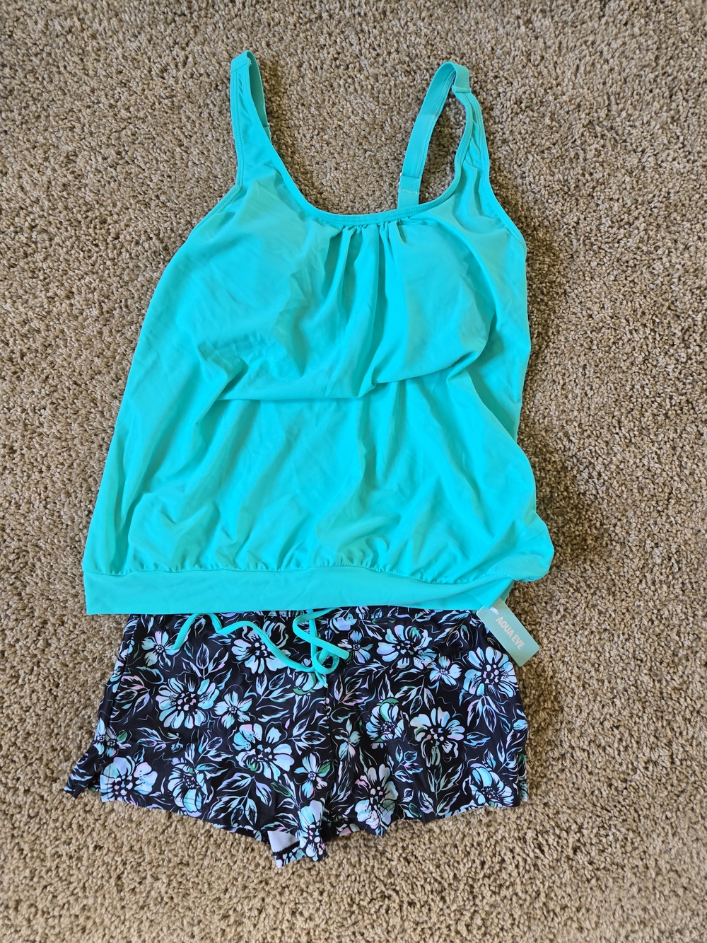 Women’s Teal Tankini Top & Floral Swim Shorts Set